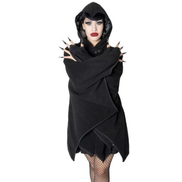Black Web Hooded Cape Bat Wing Fleece 2 Sizes NWT S-XL 2XL-4XL - Picture 3 of 8